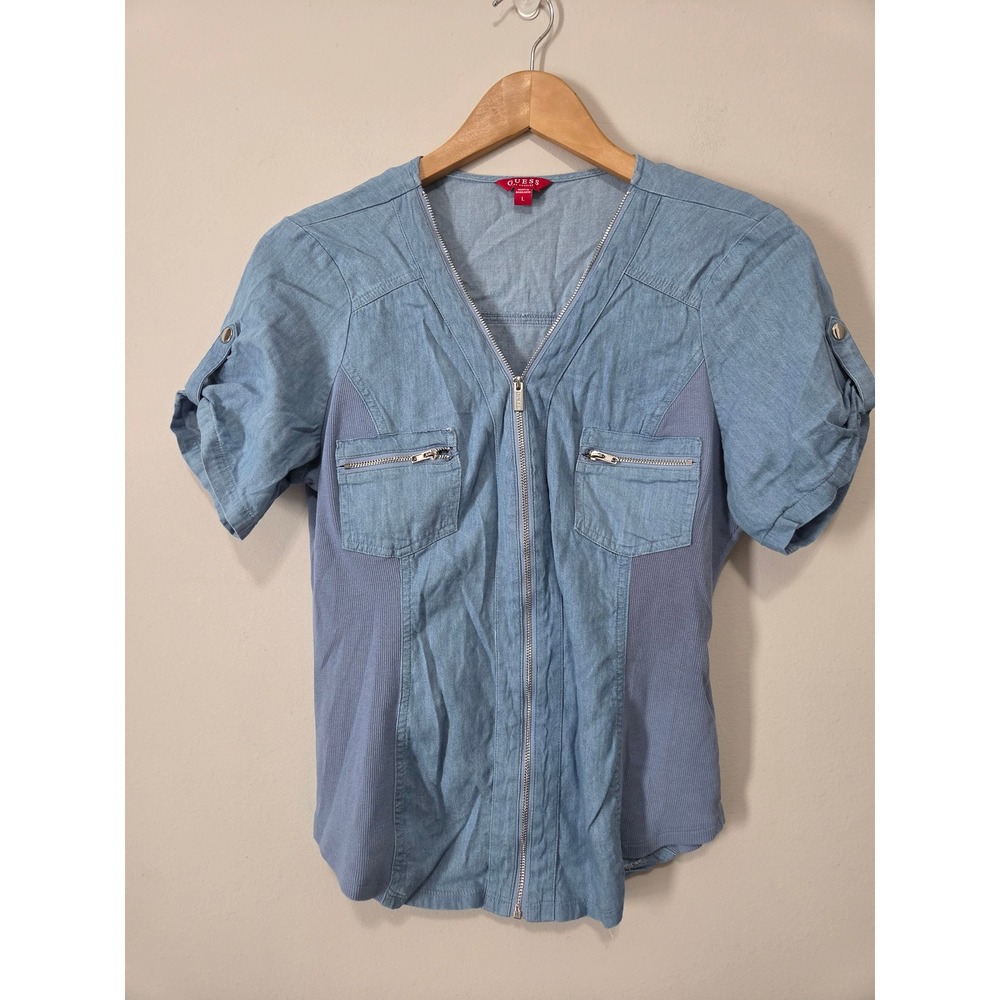Guess Womens Light Wash Denim Zip Front Mixed Media Top Q2GH02WDYL3 Blue Large